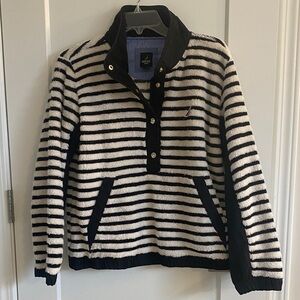 Nautica Black and White Striped Fleece Pullover